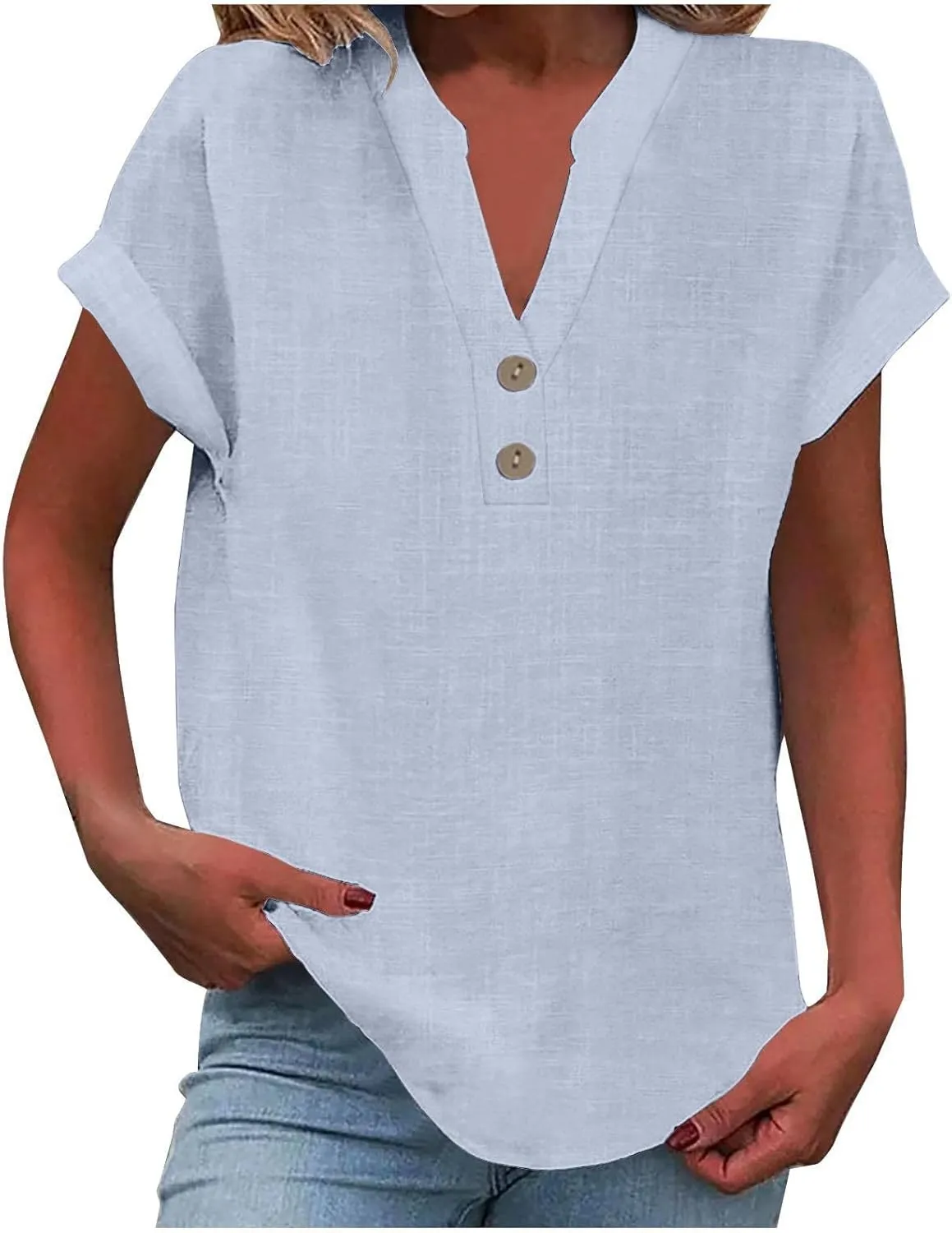 Women's Short Sleeve Linen Shirt Casual Crew Neck Basic T Shirts Plain Loose Fit Summer Tee Tops