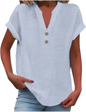 Women's Short Sleeve Linen Shirt Casual Crew Neck Basic T Shirts Plain Loose Fit Summer Tee Tops