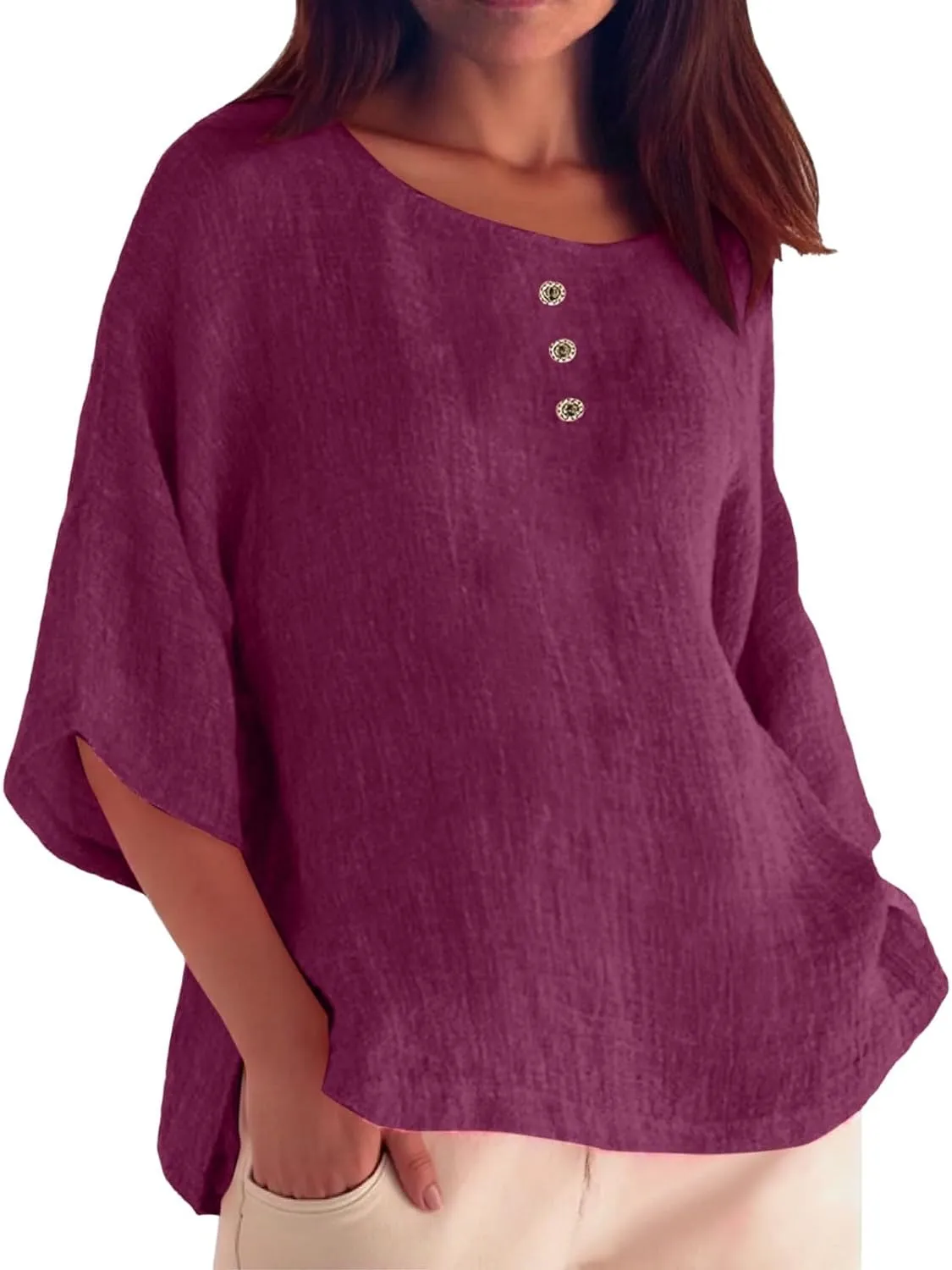 Women's Short Sleeve Linen Shirt Casual V Neck Fashion T Shirts Floral Print Loose Fit Summer Tshirts