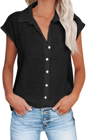 Womens Short Sleeve Shirts Tops Summer Casual Button Down Lapel Tee Solid Color Cotton Linen Loose Fit T-Shirt Blouse