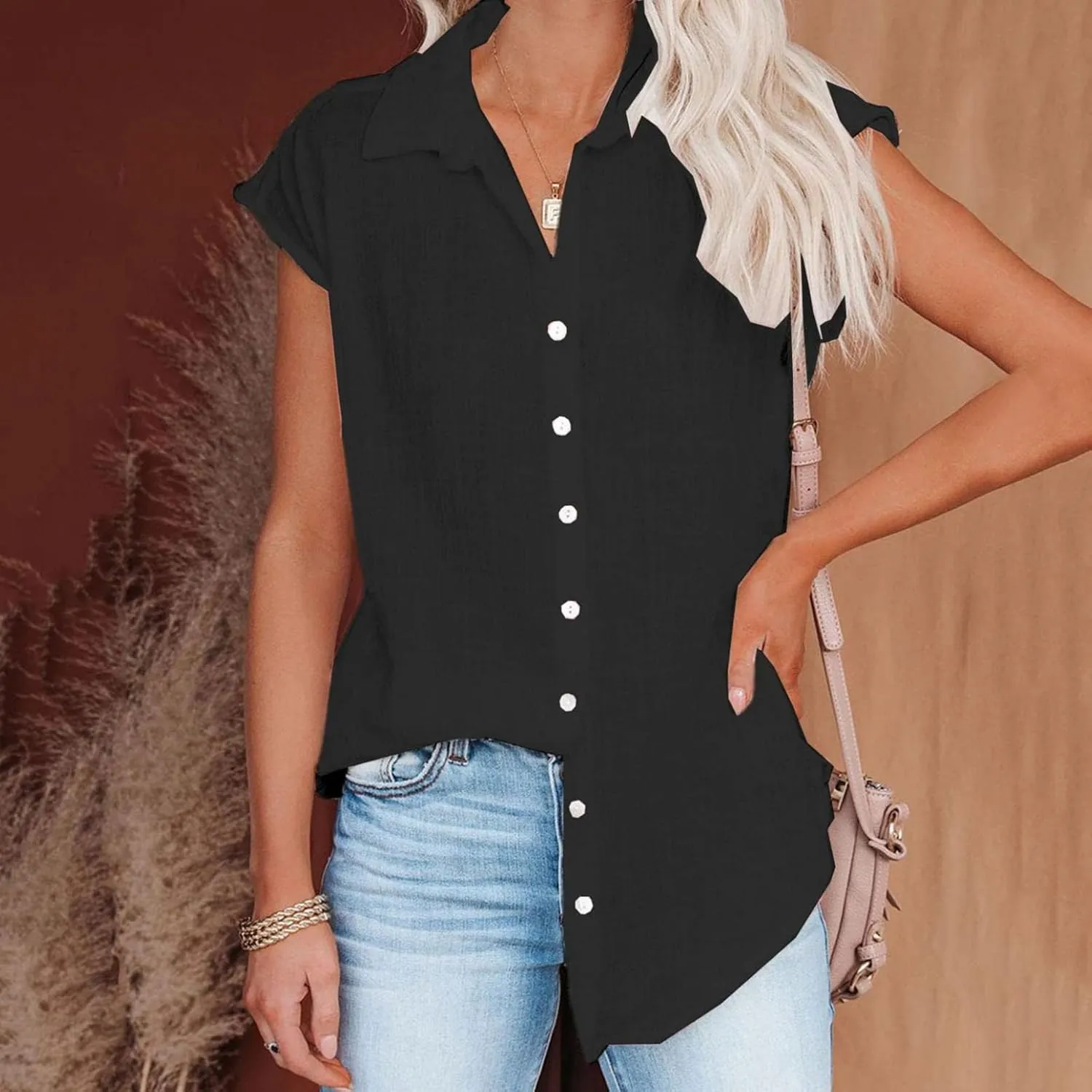 Womens Short Sleeve Shirts Tops Summer Casual Button Down Lapel Tee Solid Color Cotton Linen Loose Fit T-Shirt Blouse