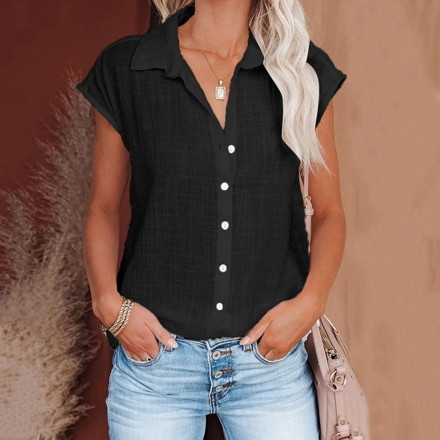 Womens Short Sleeve Shirts Tops Summer Casual Button Down Lapel Tee Solid Color Cotton Linen Loose Fit T-Shirt Blouse