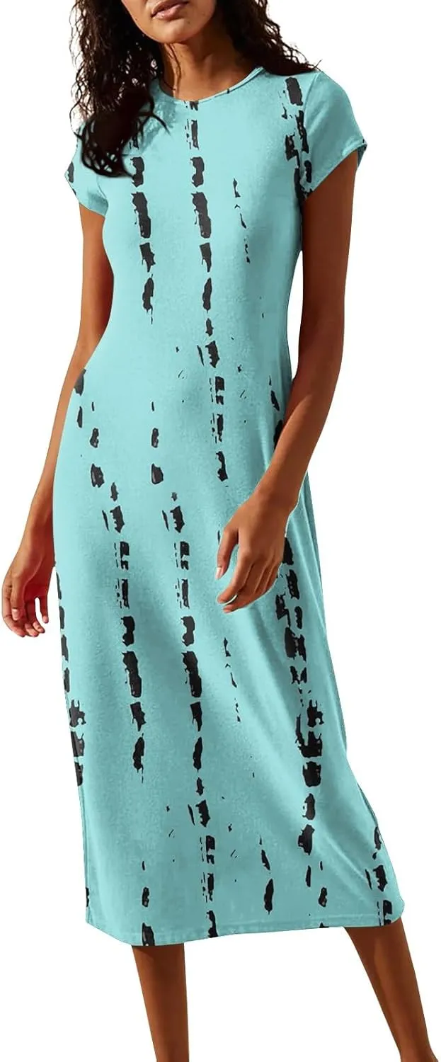 Women's Summer Boho Short Sleeve Crew Neck Midi Floral Dresses Wrap a Line Hawaiian 2025 Dress