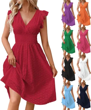 Women's Summer Dresses 2025 V Neck Casual Dress Flutter Sleeve Flowy Sundress Sleeveless High Waist Swing Mini Dresses