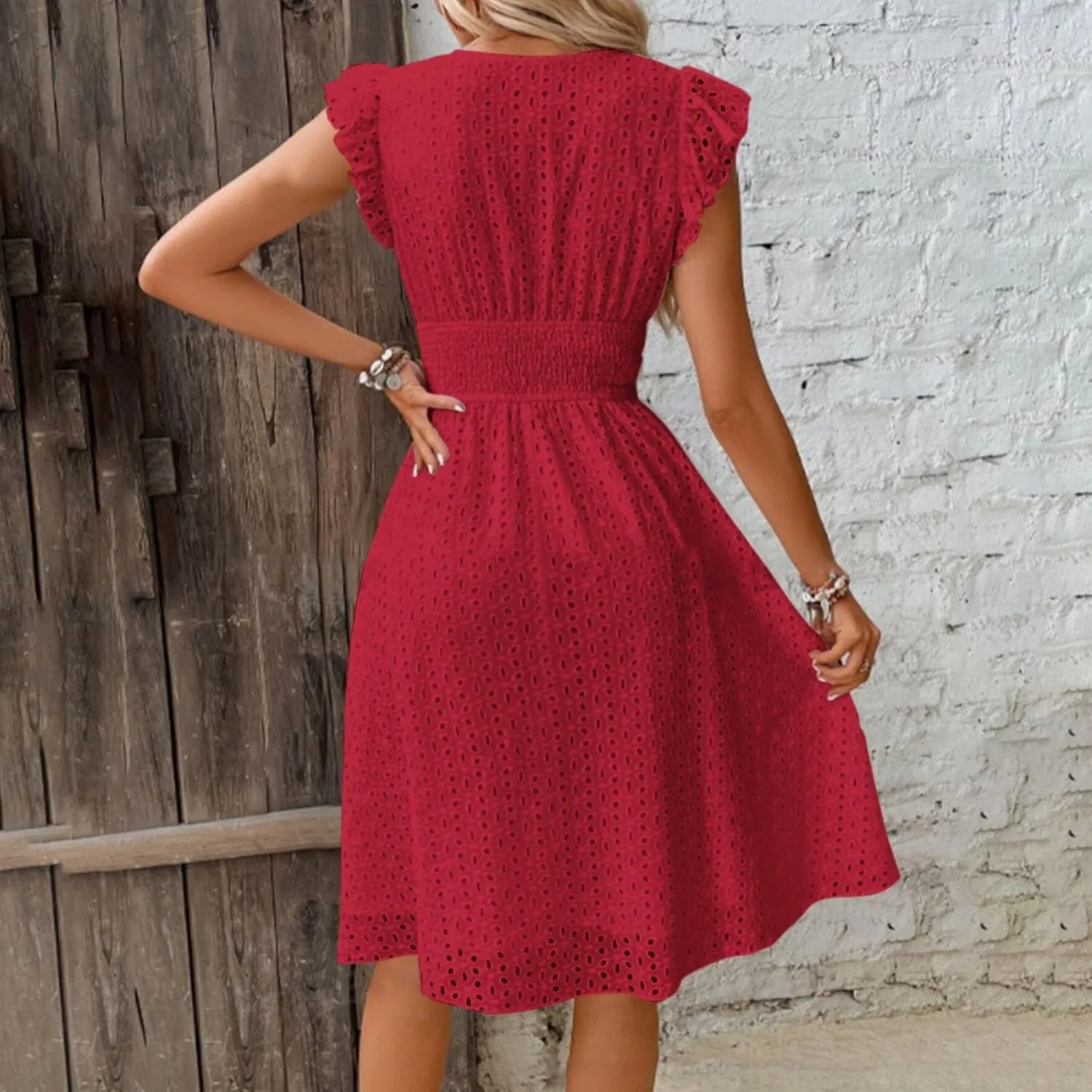 Women's Summer Dresses 2025 V Neck Casual Dress Flutter Sleeve Flowy Sundress Sleeveless High Waist Swing Mini Dresses