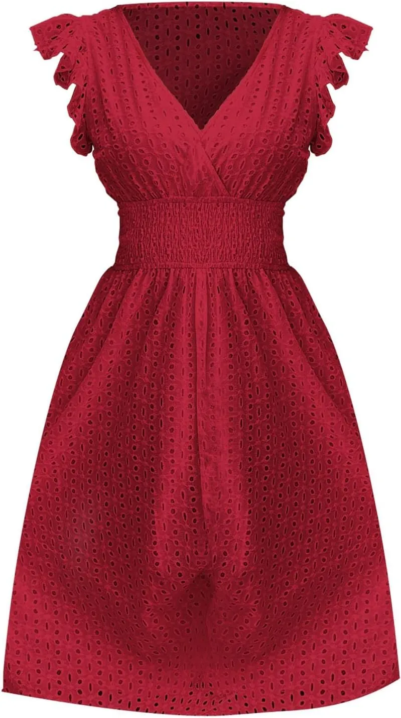 Women's Summer Dresses 2025 V Neck Casual Dress Flutter Sleeve Flowy Sundress Sleeveless High Waist Swing Mini Dresses