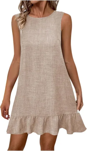 Womens Summer Dresses Casual Crew Neck Sleeveless Beach Dress Fashion Solid Color Loose Fit Pleated Sundress