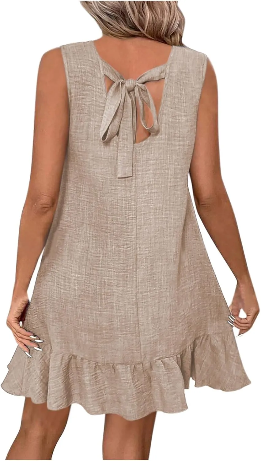 Womens Summer Dresses Casual Crew Neck Sleeveless Beach Dress Fashion Solid Color Loose Fit Pleated Sundress