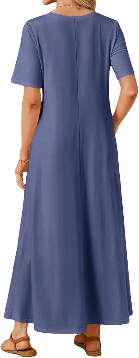 Womens Summer Dresses Short Sleeve Beach Long Dress Flowy Loose Beach Sundresses Trendy Outfits with Pockets