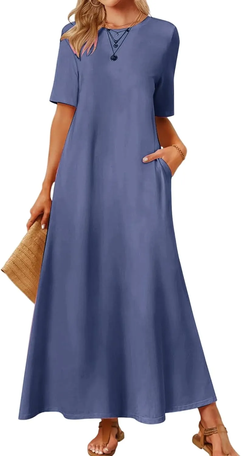 Womens Summer Dresses Short Sleeve Beach Long Dress Flowy Loose Beach Sundresses Trendy Outfits with Pockets