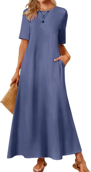 Womens Summer Dresses Short Sleeve Beach Long Dress Flowy Loose Beach Sundresses Trendy Outfits with Pockets