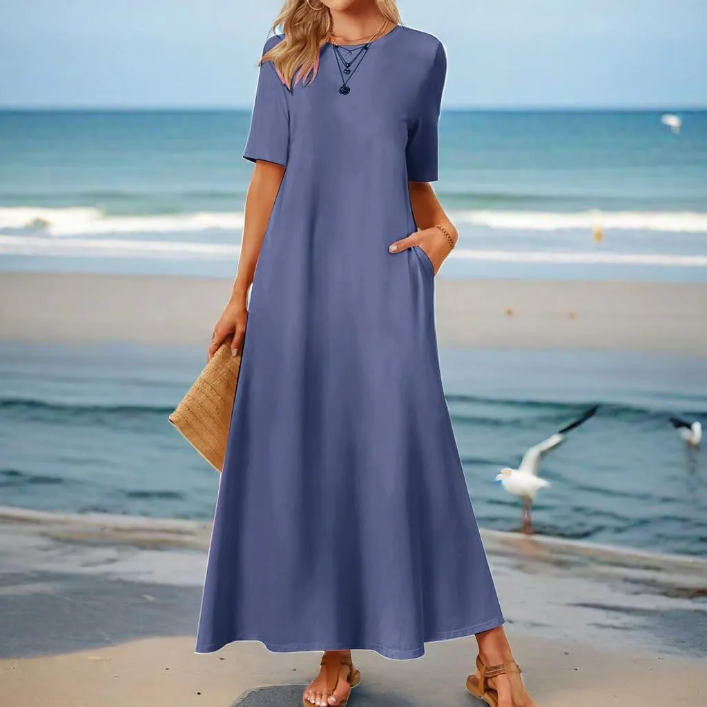 Womens Summer Dresses Short Sleeve Beach Long Dress Flowy Loose Beach Sundresses Trendy Outfits with Pockets
