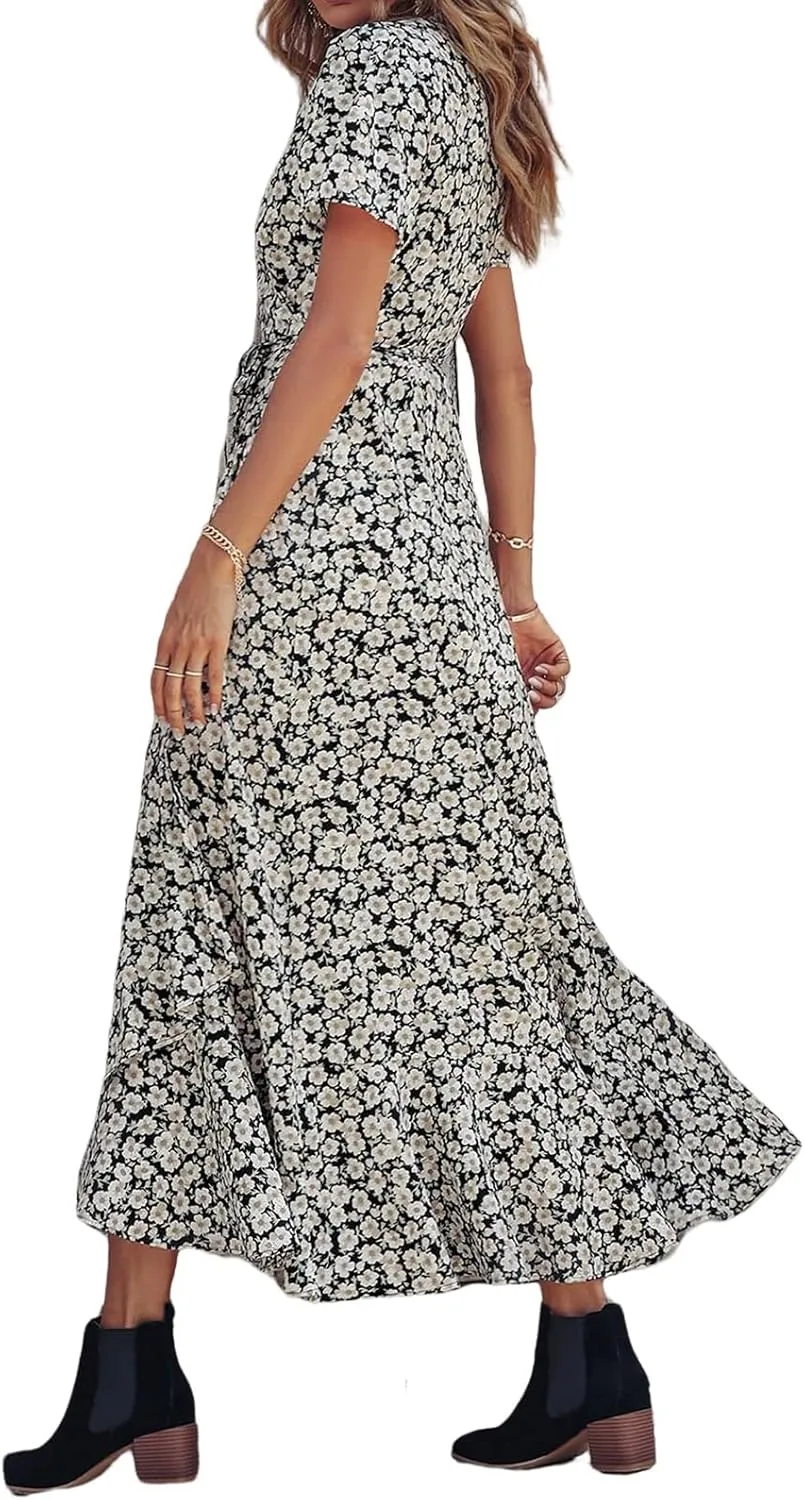 Women's Summer Dresses Wedding Guest Dresses Casual Midi Dress Boho Dresses Wrap V-neck Split Flowy Floral Prom Dress