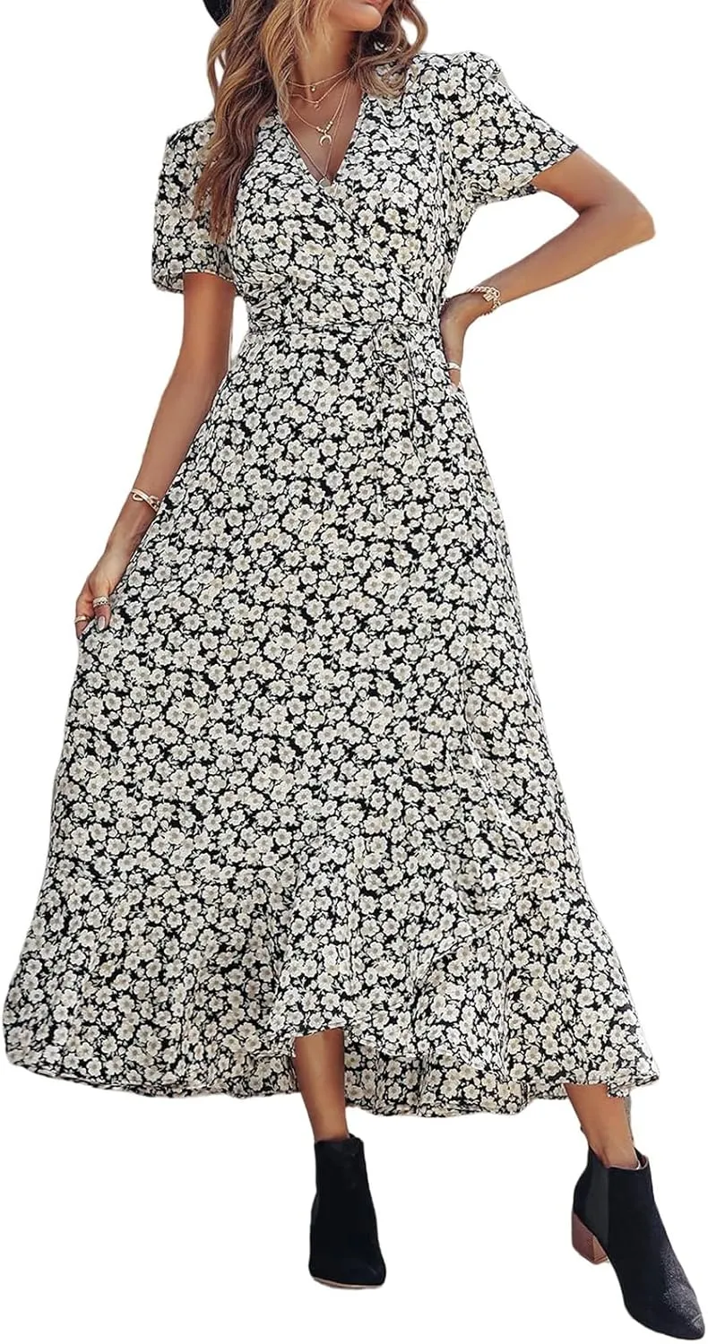 Women's Summer Dresses Wedding Guest Dresses Casual Midi Dress Boho Dresses Wrap V-neck Split Flowy Floral Prom Dress