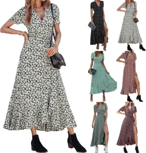 Women's Summer Dresses Wedding Guest Dresses Casual Midi Dress Boho Dresses Wrap V-neck Split Flowy Floral Prom Dress