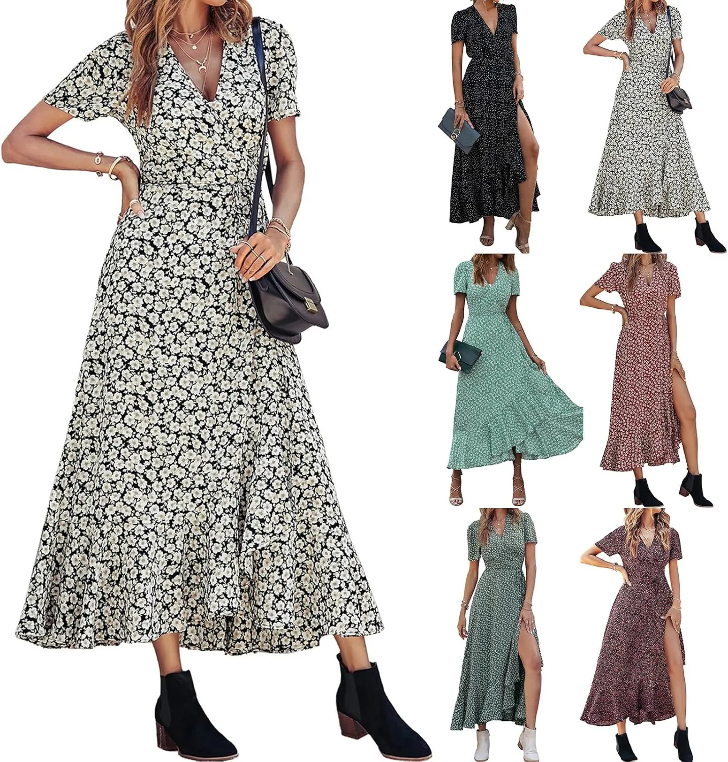 Women's Summer Dresses Wedding Guest Dresses Casual Midi Dress Boho Dresses Wrap V-neck Split Flowy Floral Prom Dress