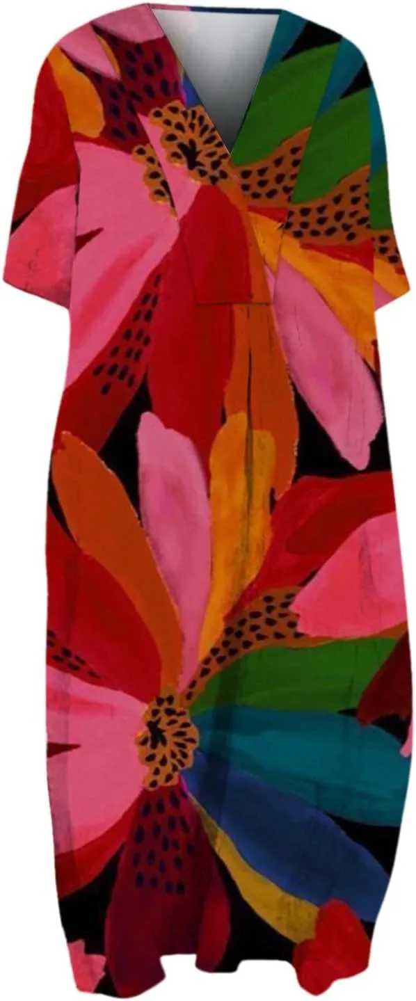 Women's Summer Maxi Dress 2025 Floral Graphic Short Sleeve Casual Loose Long Beach Sundress Travel Vacation Outfits