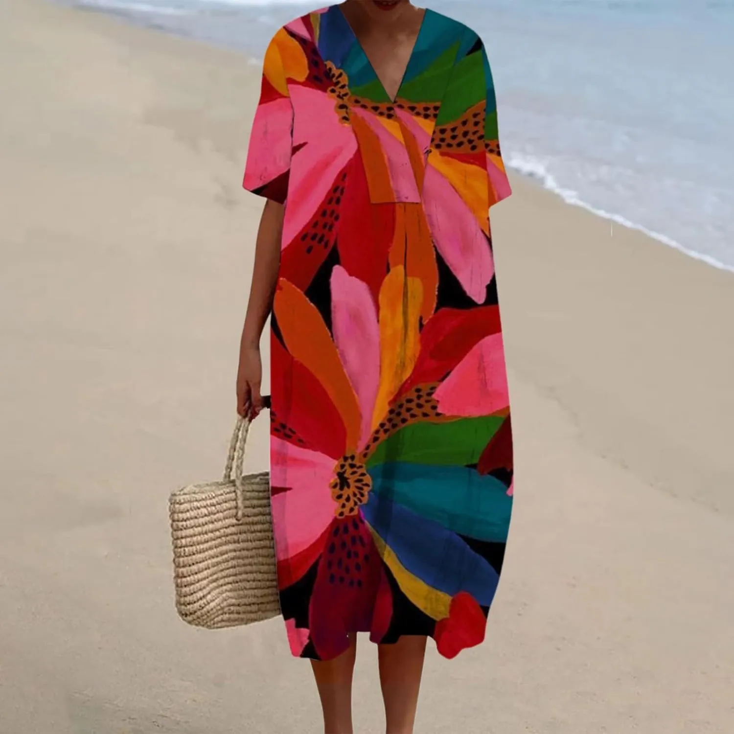 Women's Summer Maxi Dress 2025 Floral Graphic Short Sleeve Casual Loose Long Beach Sundress Travel Vacation Outfits