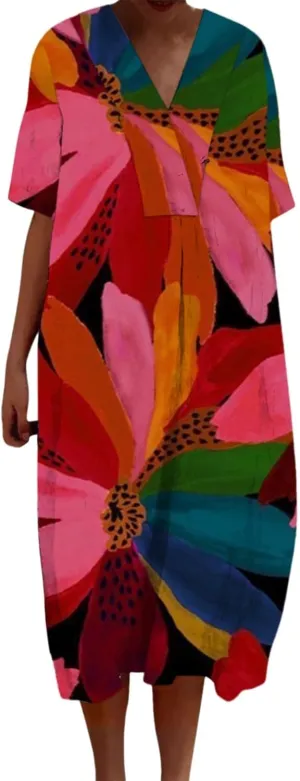 Women's Summer Maxi Dress 2025 Floral Graphic Short Sleeve Casual Loose Long Beach Sundress Travel Vacation Outfits