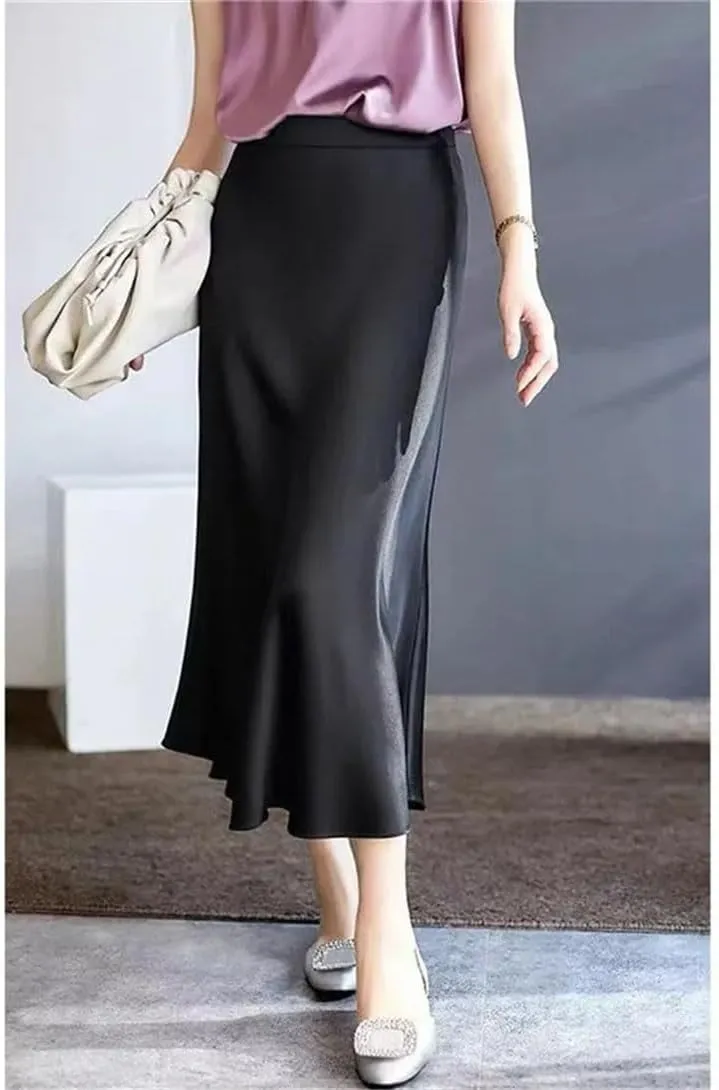 Women's Summer Satin Silk Long Dress High Waist Cocktail Wedding Tassel Ruffle A-Line Long Skirt