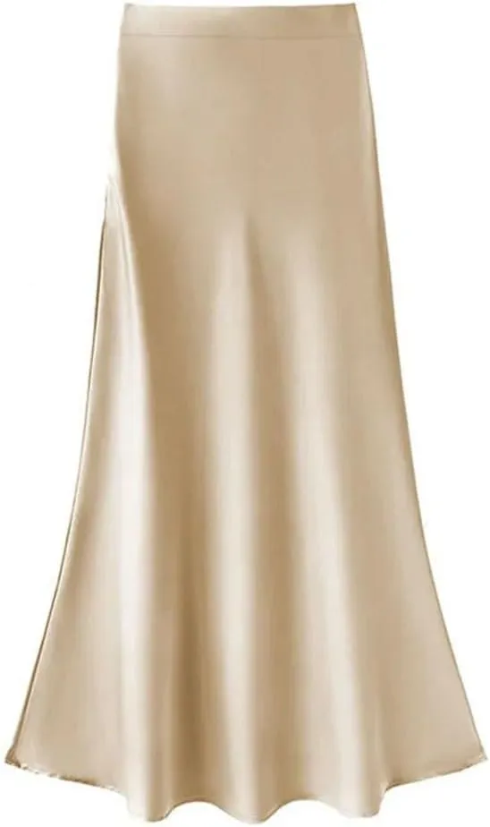 Women's Summer Satin Silk Long Dress High Waist Cocktail Wedding Tassel Ruffle A-Line Long Skirt