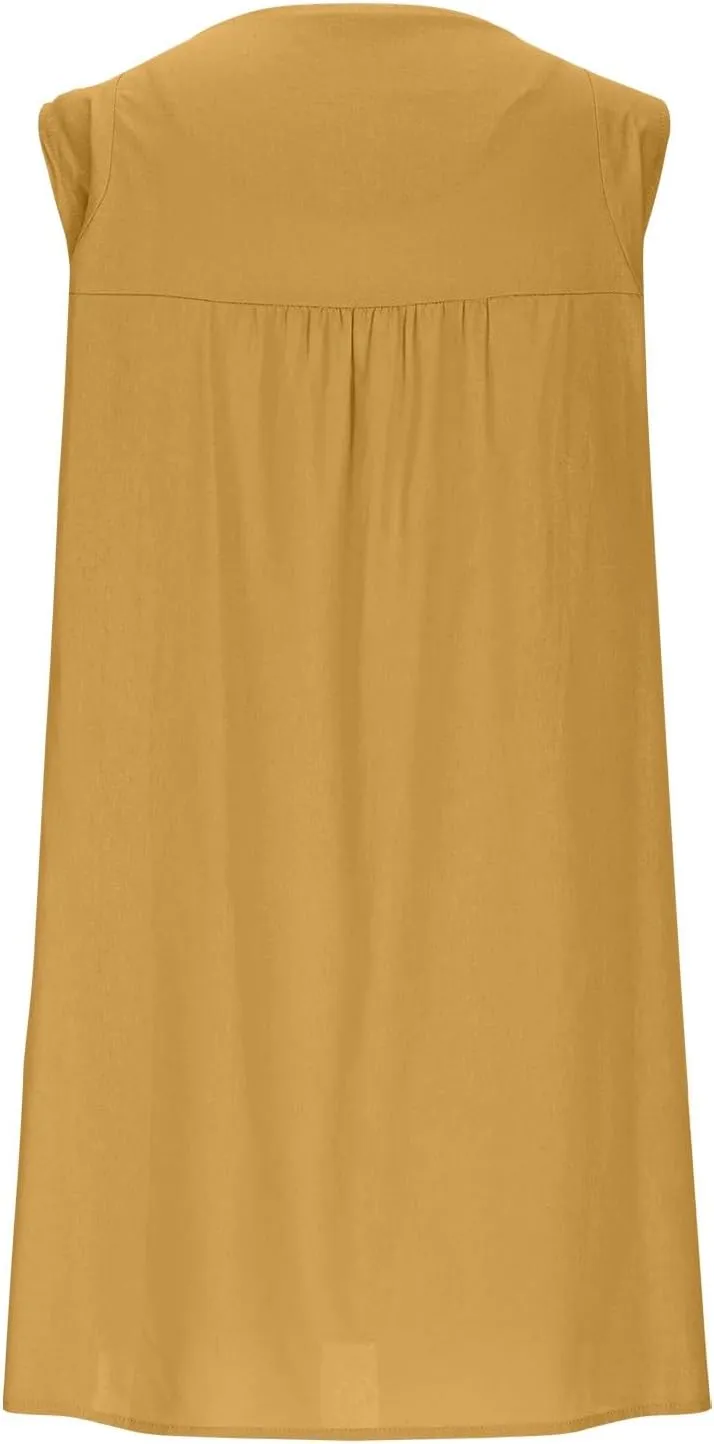 Womens Summer Sleeveless Beach Dress Lightweight Comfy Cotton Linen Sundress Basic Solid Round Neck Tank Dresses