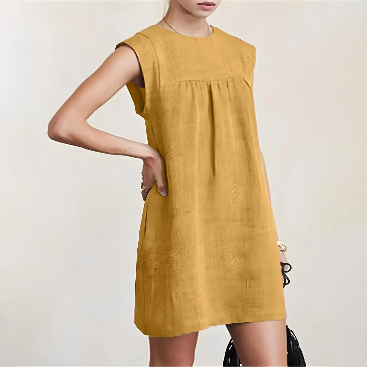 Womens Summer Sleeveless Beach Dress Lightweight Comfy Cotton Linen Sundress Basic Solid Round Neck Tank Dresses