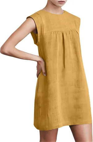 Womens Summer Sleeveless Beach Dress Lightweight Comfy Cotton Linen Sundress Basic Solid Round Neck Tank Dresses
