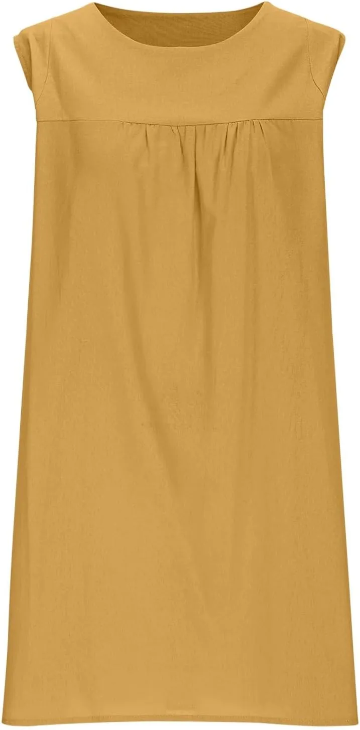 Womens Summer Sleeveless Beach Dress Lightweight Comfy Cotton Linen Sundress Basic Solid Round Neck Tank Dresses