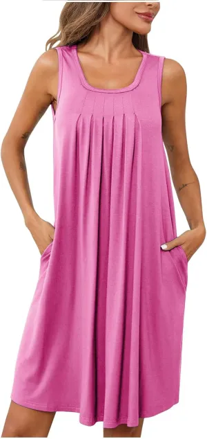Women's Summer Sleeveless Mini Dresses Pleated Sundress Club Party Short Dress with Two Side Pockets
