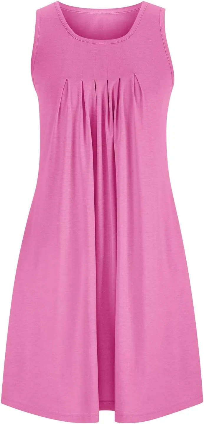 Women's Summer Sleeveless Mini Dresses Pleated Sundress Club Party Short Dress with Two Side Pockets