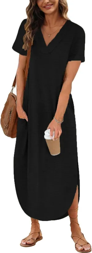 Womens Summer T Shirt Dress Casual V Neck Maxi Dresses Split Maxi Beach Sundress Short Sleeve Boho Dress Travel Outfit