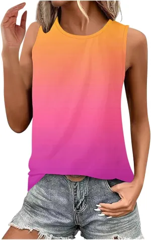 Womens Summer Tank Tops 2025 Gradient Print Basic Tunic Tops Crew Neck Sleeveless Loose Fit T Shirts