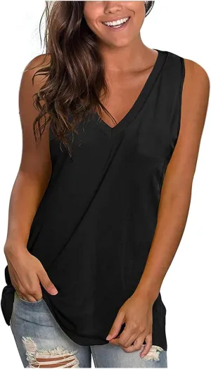 Womens Summer Tank Tops V Neck Sleeveless T Shirts Loose Fit Flowy Tshirt Plus Size Solid Casual Basic Tee Blouses