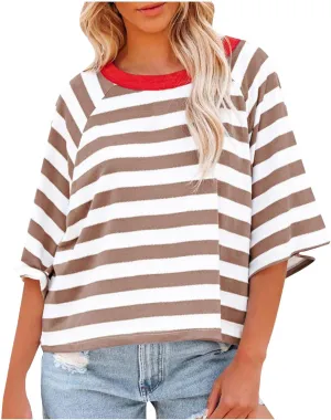 Womens Summer Tops Striped Color Block Short Sleeve Crewneck Shirt Y2k Tops 2024 Oversized Tshirts for Women