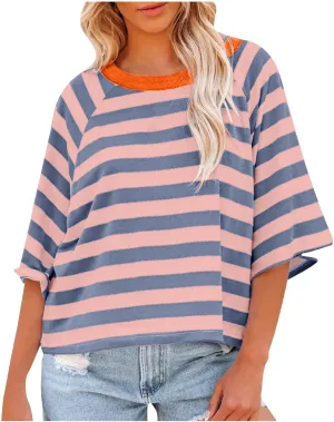 Womens Summer Tops Striped Color Block Short Sleeve Crewneck Shirt Y2k Tops 2024 Oversized Tshirts for Women