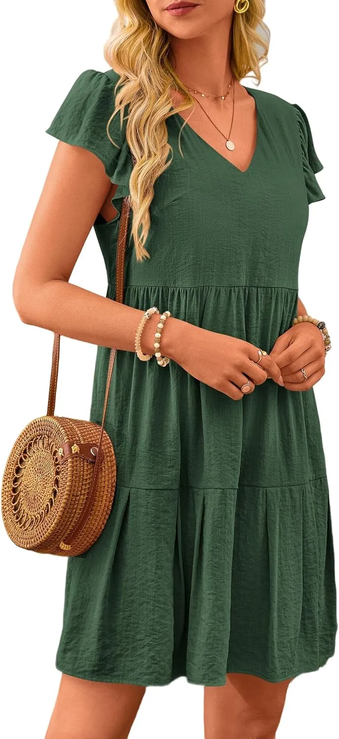Womens Summer Tunic Dress V Neck Cap Sleeve Casual Flowy Swing Shift Dresses Loose Ruffle Mini Dress for Women 2025