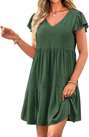 Womens Summer Tunic Dress V Neck Cap Sleeve Casual Flowy Swing Shift Dresses Loose Ruffle Mini Dress for Women 2025