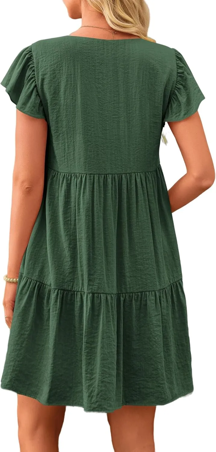 Womens Summer Tunic Dress V Neck Cap Sleeve Casual Flowy Swing Shift Dresses Loose Ruffle Mini Dress for Women 2025