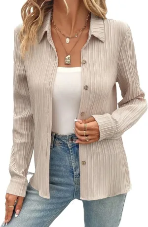 Womens Summer Work Blouse Solid Button Front Shirt Long Sleeve Tops Tops