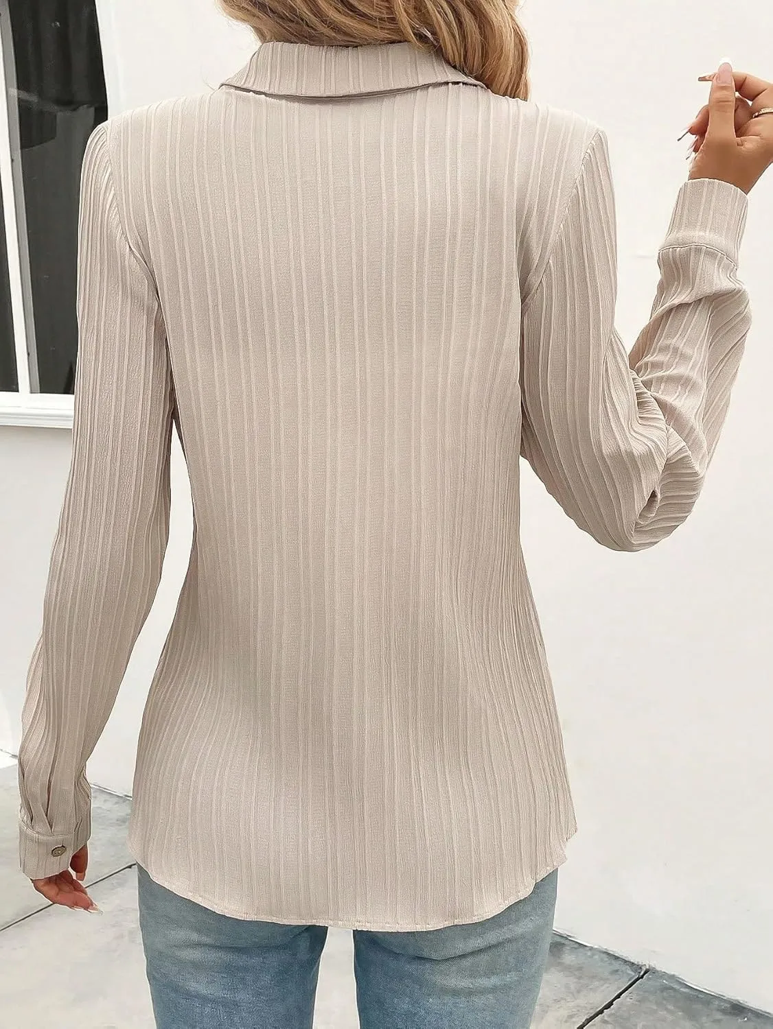 Womens Summer Work Blouse Solid Button Front Shirt Long Sleeve Tops Tops