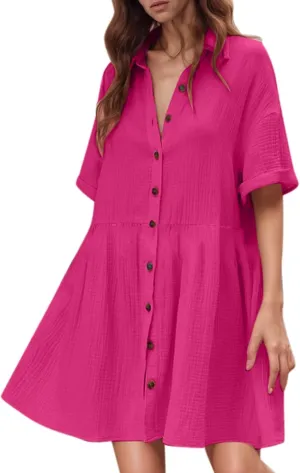 Womens T Shirt Dress Summer Boho Button Up Long Sleeve Vacation Dress with Sleeves Summer Church 80S Outfit for Women