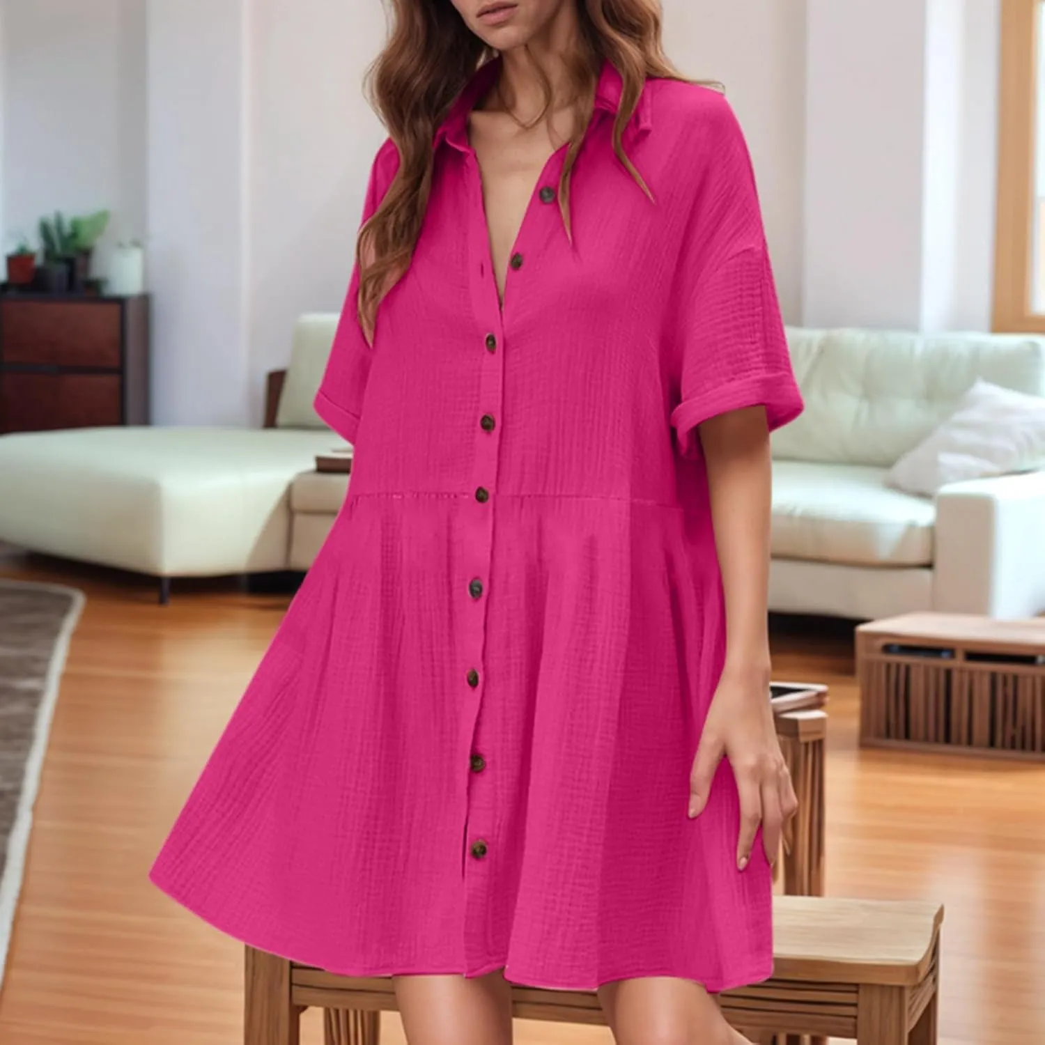 Womens T Shirt Dress Summer Boho Button Up Long Sleeve Vacation Dress with Sleeves Summer Church 80S Outfit for Women