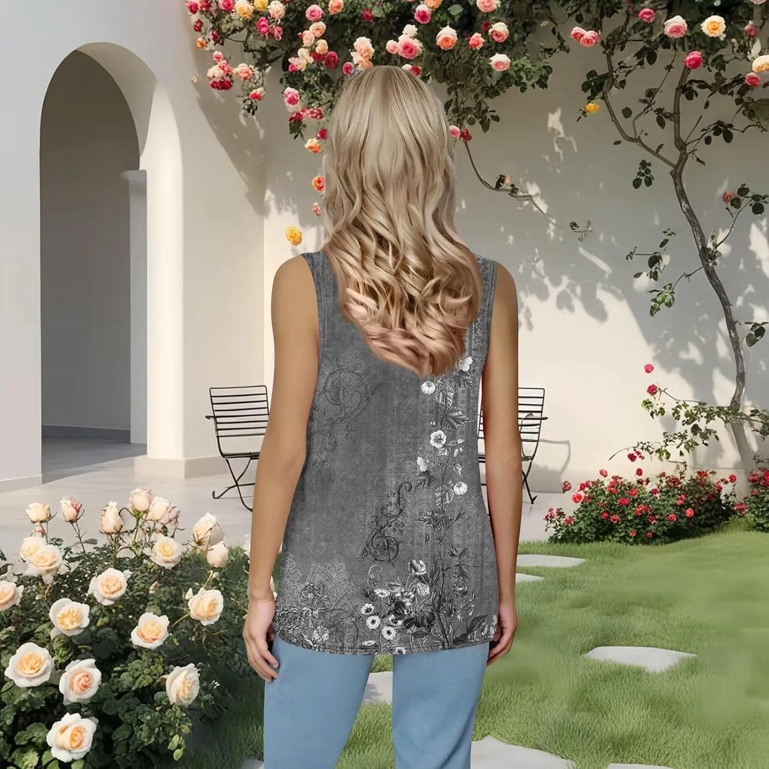 Womens Tank Tops Loose Fit Summer Casual Floral Print Pleated Square Neck Sleeveless Top Curved Hem Flowy Tanks