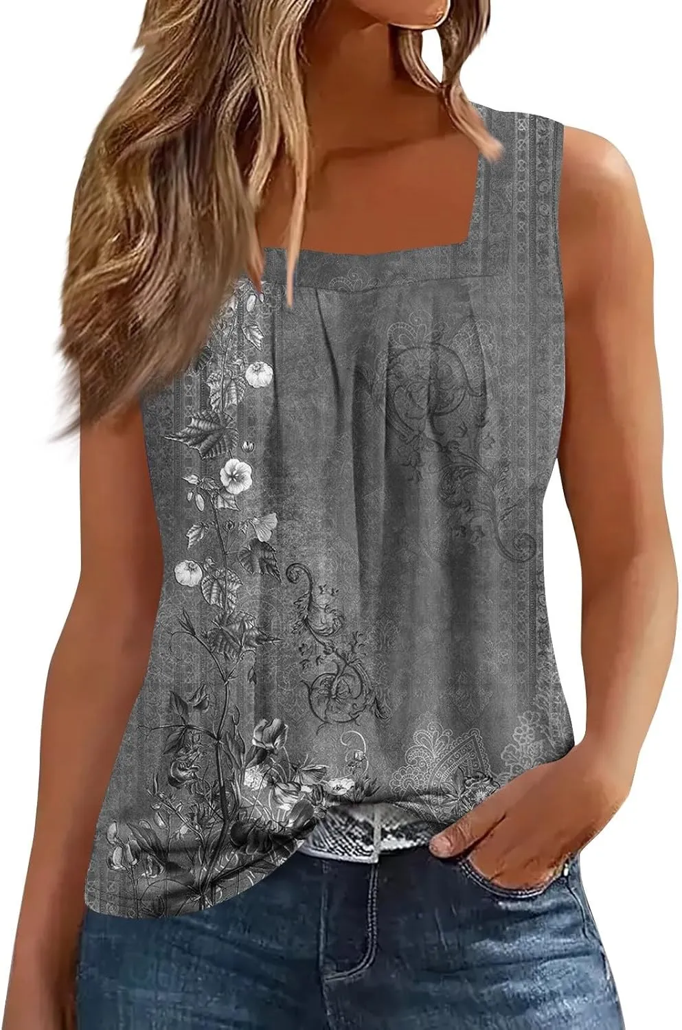 Womens Tank Tops Loose Fit Summer Casual Floral Print Pleated Square Neck Sleeveless Top Curved Hem Flowy Tanks