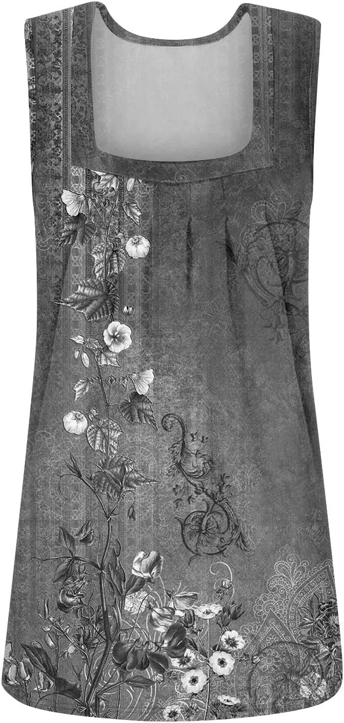 Womens Tank Tops Loose Fit Summer Casual Floral Print Pleated Square Neck Sleeveless Top Curved Hem Flowy Tanks