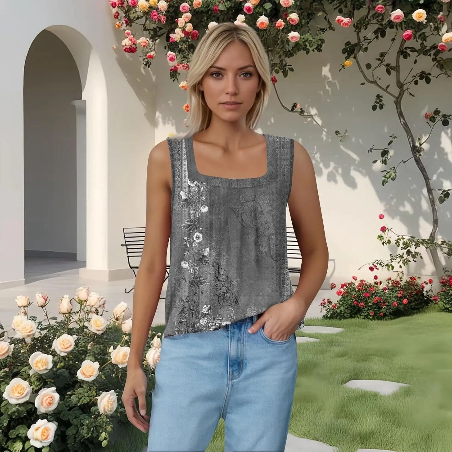 Womens Tank Tops Loose Fit Summer Casual Floral Print Pleated Square Neck Sleeveless Top Curved Hem Flowy Tanks