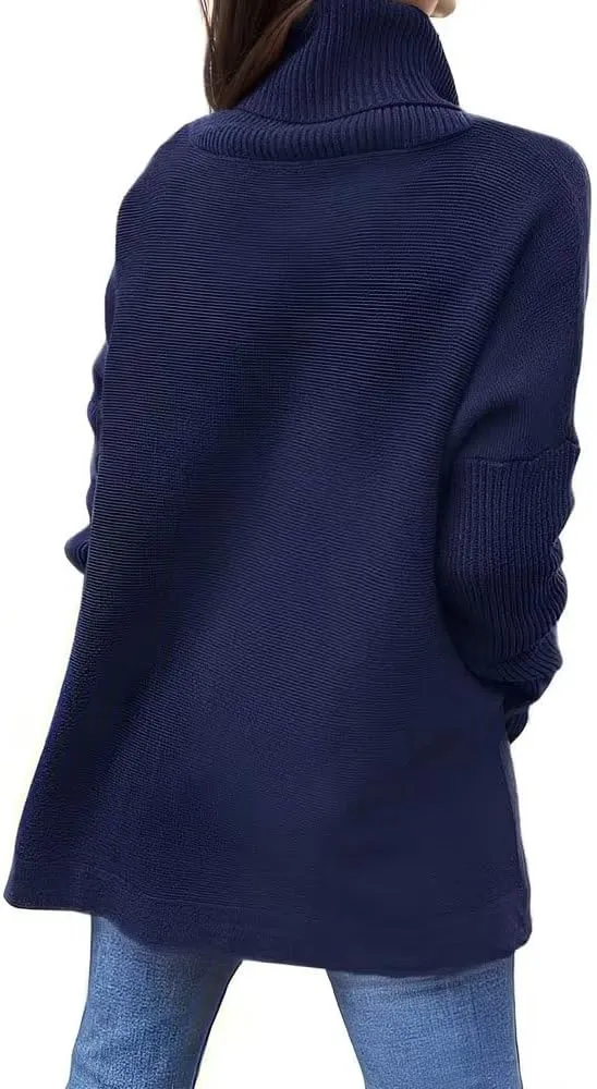 Women's Turtleneck Oversized Sweater Slit Hem Jumper Tops 2023 Winter Warm Long Batwing Chunky Knit Sweater Tops