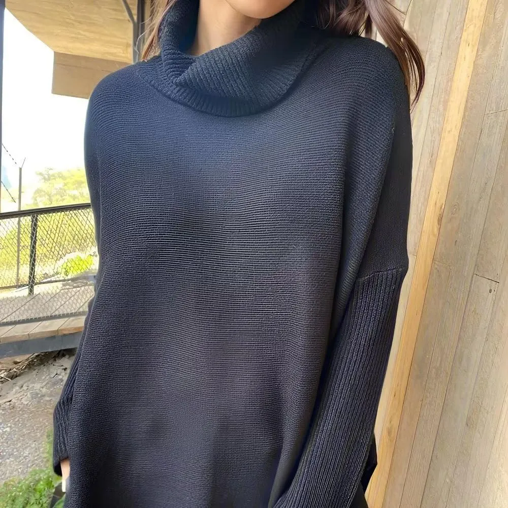 Women's Turtleneck Oversized Sweater Slit Hem Jumper Tops 2023 Winter Warm Long Batwing Chunky Knit Sweater Tops