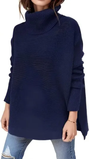 Women's Turtleneck Oversized Sweater Slit Hem Jumper Tops 2023 Winter Warm Long Batwing Chunky Knit Sweater Tops